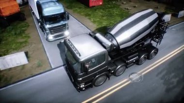 İnşaatta beton karıştırıcı kamyonu. Araba kullanmak. İnşaat ve ulaşım konsepti. Gerçekçi 4K animasyonu