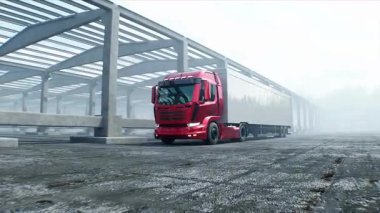 Kırmızı kargo kamyonu inşaatta. Araba kullanmak. İnşaat ve ulaşım lojistik konsepti. Gerçekçi 4K animasyonu