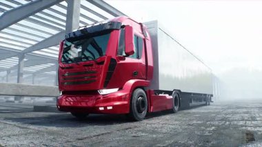 Kırmızı kargo kamyonu inşaatta. Araba kullanmak. İnşaat ve ulaşım lojistik konsepti. Gerçekçi 4K animasyonu