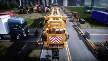 Mobil inşaat vinci. Büyük bir sanayi ya da fabrika inşaatı, dış yapı, modern endüstriyel dış yapı, havadan manzara, inşaat vinci. 4k animasyon