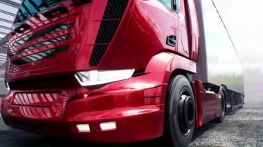 Kırmızı kargo kamyonu inşaatta. Araba kullanmak. İnşaat ve ulaşım lojistik konsepti. Gerçekçi 4K animasyonu