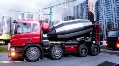 İnşaatta beton karıştırıcı kamyonu. Araba kullanmak. İnşaat ve ulaşım konsepti. Gerçekçi 4K animasyonu
