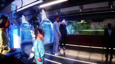 Fütürist bilim kurgu yolcu treni. İç mekan. İnsanlar ve robotlar. .