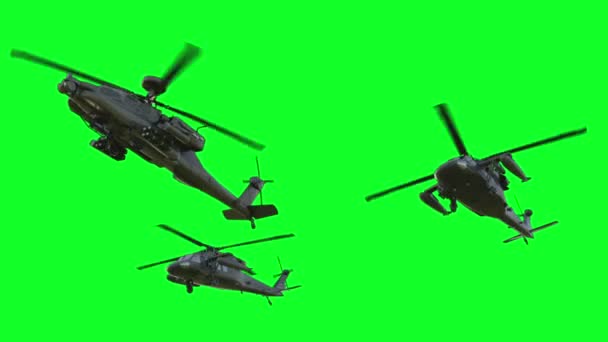 军用直升机波音Ah-64阿帕奇逼真的3D动画。逼真的反射、阴影和运动。绿屏 — 图库视频影像