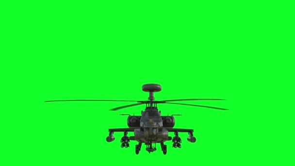 Военный вертолет Boeing AH-64 Apache реалистичная 3D анимация. Реалистичные размышления, тени и движение. Зеленый экран — стоковое видео