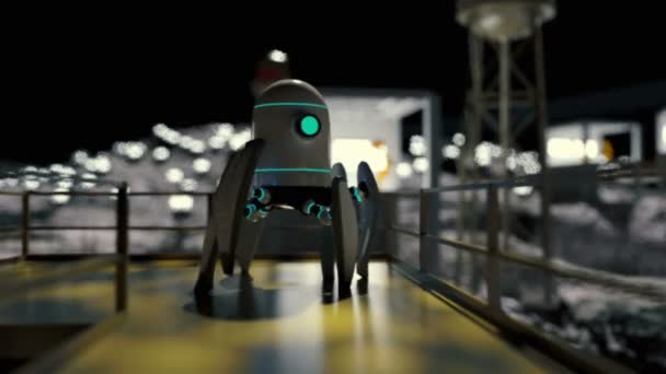 Robot de animación 3D en el paisaje espacial futurista. un planeta fantástico. Luna paisaje — Vídeo de stock