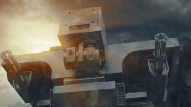 3D ρομπότ κινουμένων σχεδίων σε φουτουριστικό τοπίο πολέμου. αποκαλυπτική προβολή — Αρχείο Βίντεο