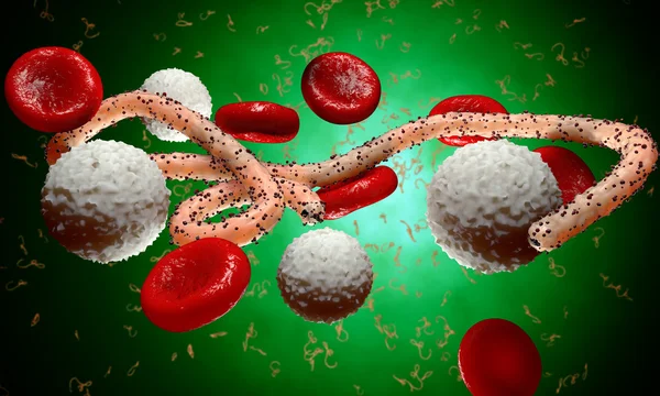 Ebola virus, bacteria, virus , epidemic. Realistic 3d render virus Ebola with blood cell inside organism. — Stock Photo, Image