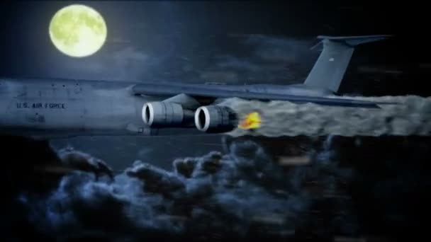 火に左エンジンの飛行機の緊急着陸。航空事故の概念。空の景色 — ストック動画