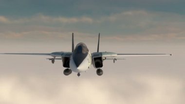 F -14, Amerikan askeri avcı uçağı. Jet uçağı. Bulutlarda uçuyorum. Harika gün batımı. Gerçekçi Cg 3d animasyon