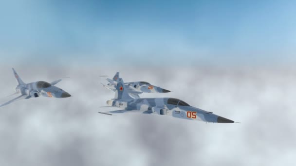 Russian military fighter plane.Jet plane. Fly in clouds. Wonderfull sunset. Realistic CG 3d animation — Stock Video