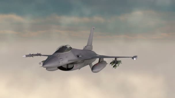 F-16, american military fighter plane.Jet plane. Лети в облаках. Чудесный закат. Реалистичная анимация CG 3d — стоковое видео