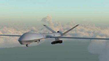 Mq1 yırtıcı hayvan türü dron. Amerikan askeri uçak. Bulutlarda uçuyorum. Harika gün batımı. Gerçekçi Cg 3d animasyon