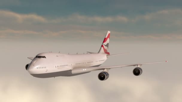 Boeing 747 volant dans les nuages. Merveilleux coucher de soleil. Animation 3D 3D réaliste .