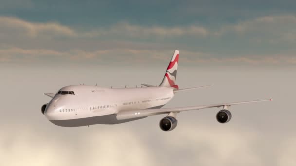 Boeing 747 vliegen in de wolken. Prachtige zonsondergang. Realistische 3D-Cg animaties. — Stockvideo