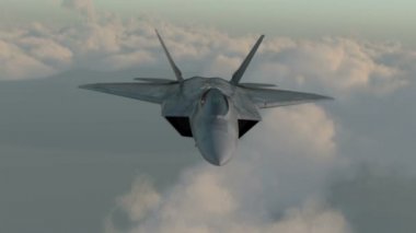 Askeri uçak bombaları yüksek bir yükseklikten düşüyor. Bulutlar, gerçekçi 3d cg animasyon F-22