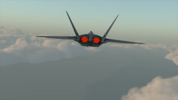 L'avion militaire largue des bombes depuis une altitude élevée. F-22 dans les nuages, animation 3d cg réaliste 