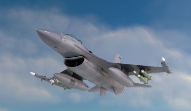 F -16, Amerikan askeri avcı uçağı. Jet uçağı. Bulutlarda uçar