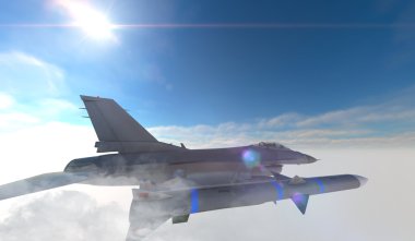F -16, Amerikan askeri avcı uçağı. Jet uçağı. Bulutlarda uçar