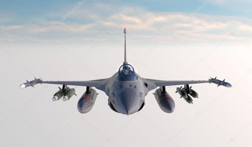 F -16 , american military fighter plane.Jet plane. Fly in clouds