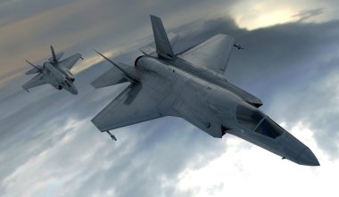 F 35, Amerikan askeri avcı uçağı. Jet uçağı. Bulutlarda uçar