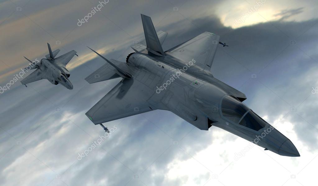 F 35 , american military fighter plane.Jet plane. Fly in clouds