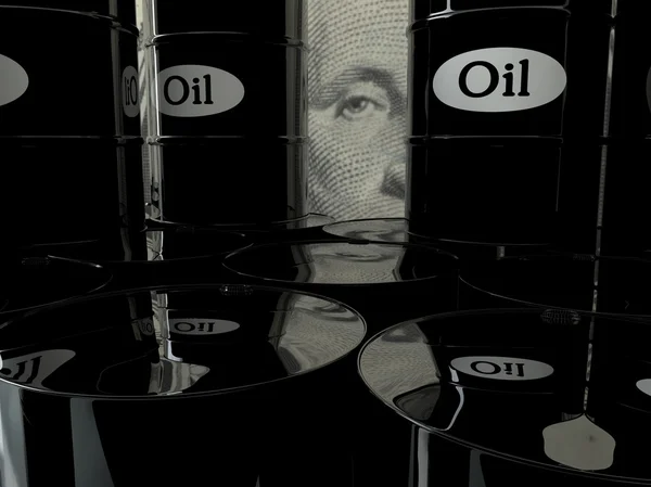 Barile di olio su fondo bianco. concetto di business. Dollari. Stati Uniti — Foto Stock