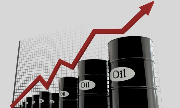 Barils de pétrole et un tableau financier sur fond blanc. prix du pétrole en hausse. concept d'entreprise — Photo