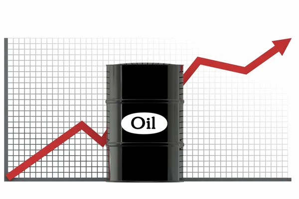 Barils de pétrole et un tableau financier sur fond blanc. prix du pétrole en hausse. concept d'entreprise — Photo