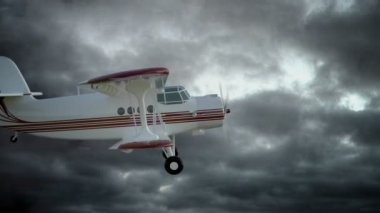 Antonov An-2 BI-uçak uçmak kötü havalarda. Eski beyaz retro uçak. Gerçekçi Fizik animasyon, gerçekçi yansımalar ve hareketleri. Global aydınlatma render. Sinema çekimi