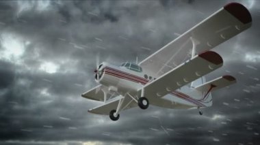 Antonov An-2 BI-uçak uçmak kötü havalarda. Eski beyaz retro uçak. Gerçekçi Fizik animasyon, gerçekçi yansımalar ve hareketleri. Global aydınlatma render. Sinema çekimi