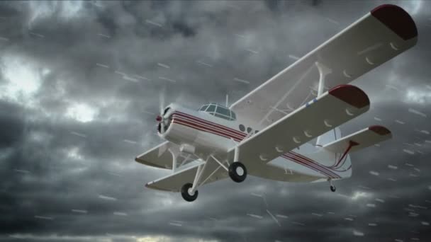 The antonov An-2 bi-plane fly in bad weather. Old white retro plane. Realistic physics animation, realistic reflections and motions. Global illumination render. Cinematic footage — Stock Video