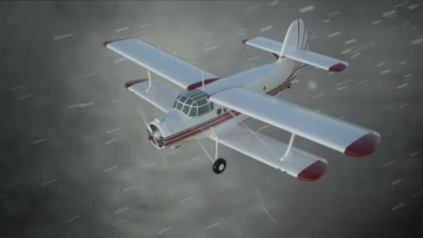 Le biplan antonov An-2 vole par mauvais temps. Ancien avion rétro blanc. Animation physique réaliste, réflexions et mouvements réalistes. Eclairage global rendu. Images cinématographiques — Video