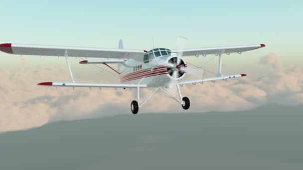 アントノフ 2 の双面は、悪天候で飛ぶ。古い白いレトロな飛行機。現実的な物理学アニメーション、リアルな反射や運動。グローバル イルミネーションをレンダリングします。映画のような映像 — ストック動画