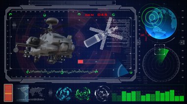 Fütüristik mavi sanal grafik dokunmatik kullanıcı arayüzü Hud. Askeri ordu helikopter raptor