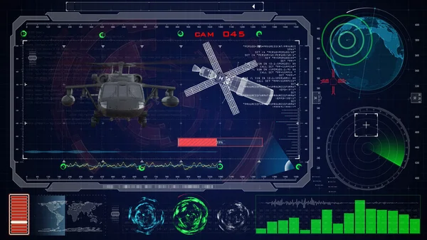 Φουτουριστικό μπλε εικονικό αφής γραφικό ενδιάμεσο με τον χρήστη Hud. Στρατιωτική στρατού ελικόπτερο μαύρο γεράκι — Φωτογραφία Αρχείου