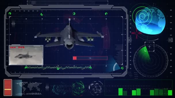 未来青仮想グラフィック タッチ ユーザー インターフェイス Hud。ジェット機が f 16 — ストック動画