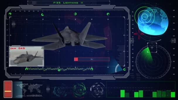 Futuristica interfaccia utente grafica virtuale blu touch HUD. Jet f 22 aeroplano — Video Stock