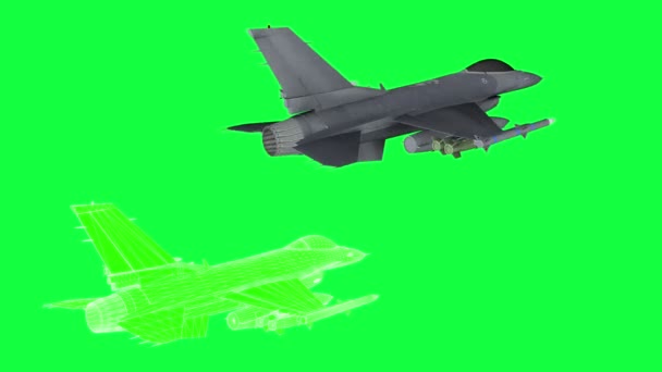 Avion militaire F-16, animation rotative, rendu filaire. images de l'écran vert — Video