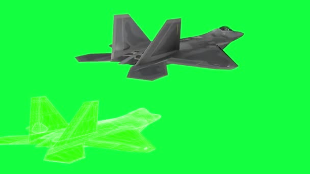 Militära planet F-22, rotera animation, trådram render. grön skärm footage — Stockvideo