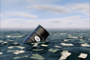 Oil barrel in water. price oil down. crisis concept clipart