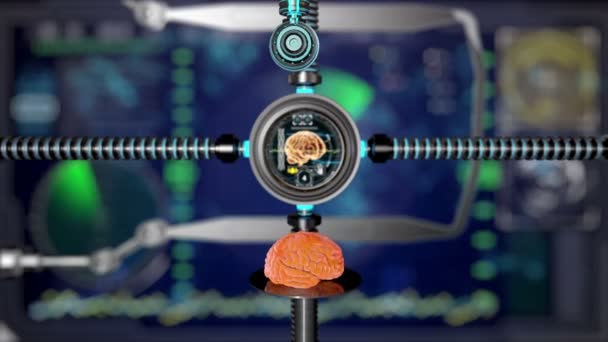 Futuristic robot with tentacles and human brain . Medical concept anatomical future. HUD background — Stock videók