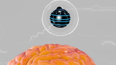 Futuristic robot with tentacles and human brain . Medical concept anatomical future. HUD background