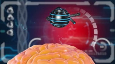 Futuristic robot with tentacles and human brain . Medical concept anatomical future. HUD background