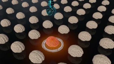 Futuristic robot with tentacles and human brain . Medical concept anatomical future. HUD background