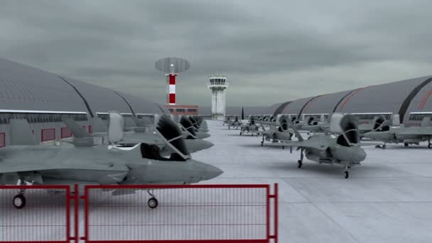 Военная база ВВС США. истребитель F-35. Реалистичная компьютерная анимация — стоковое видео