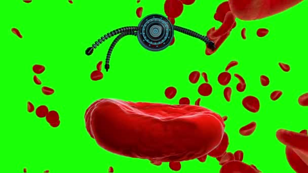 Нано-робот и инъекция клеток крови. Медицинская концепция анатомического будущего. Зеленый экран — стоковое видео
