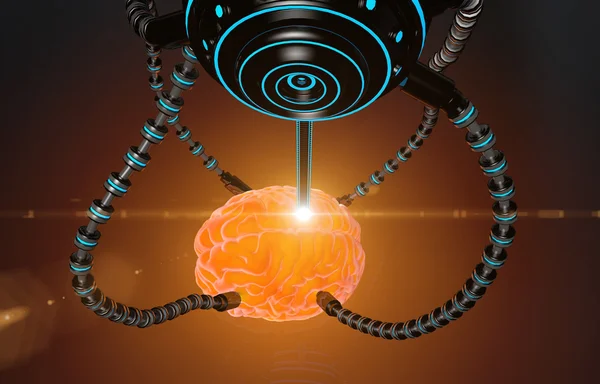 Futuristic robot with tentacles and human brain . Medical concept anatomical future. HUD background — Stockfoto