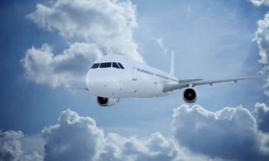 Beyaz uçak uçan gökyüzü ve bulutlar. Uçak airbus a321.