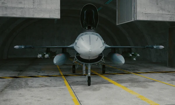 F 16, avion de chasse militaire américain. Base militaire, hangar, bunker — Photo